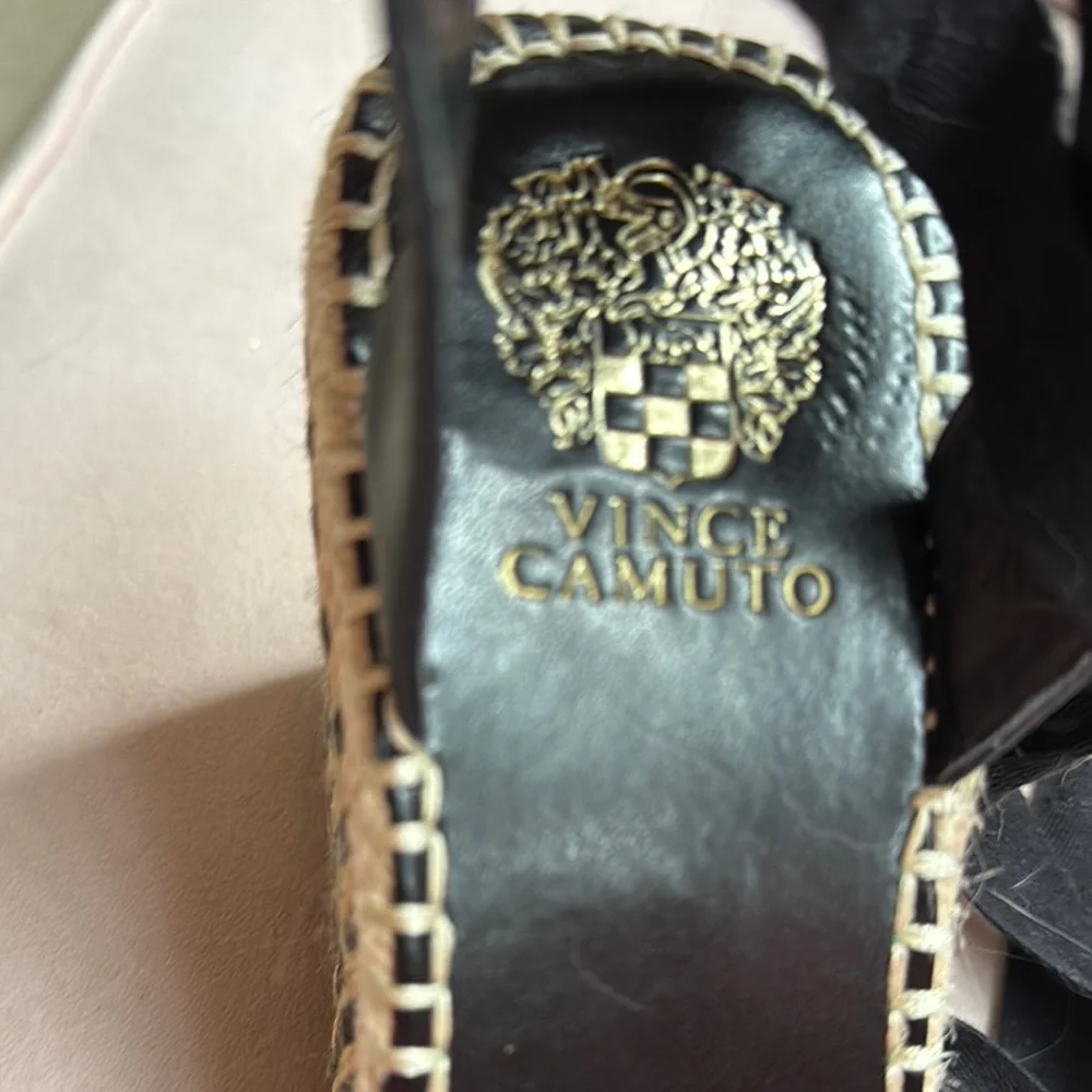 Vince Camuto Black Suede Espadrille Wedge Sandals with Ankle Wraps